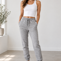 Female model in grey joggers