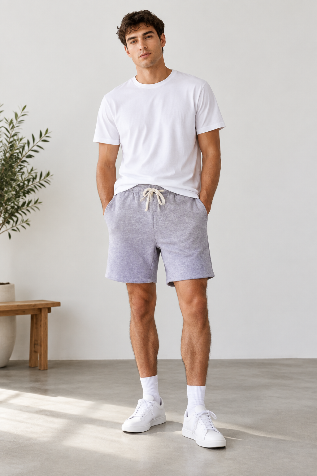 Male model in grey shorts